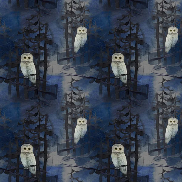 Coruja padrão sem costura de inverno na floresta noturna — Fotografia de Stock