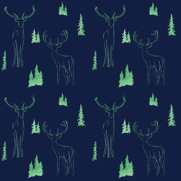 Winternahtloses Muster mit Hirschen im Wald — Stockfoto