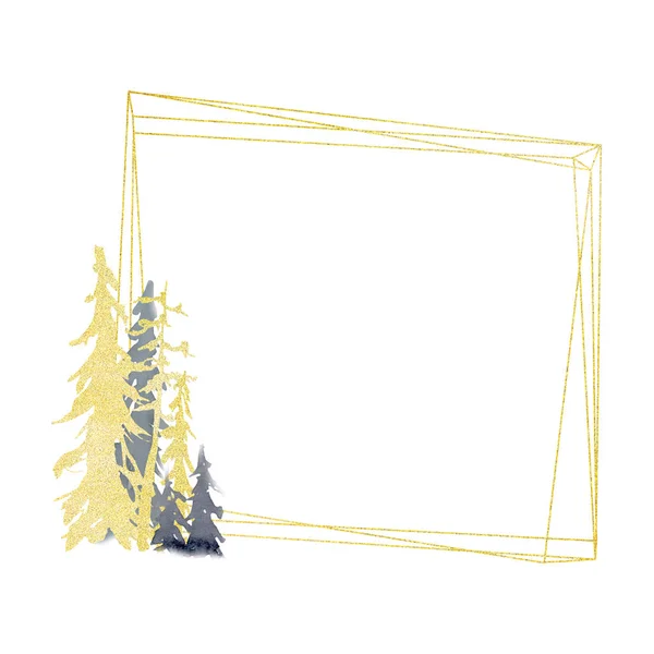 Зимняя геометрическая золотая рама с деревьями в лесу — стоковое фото
