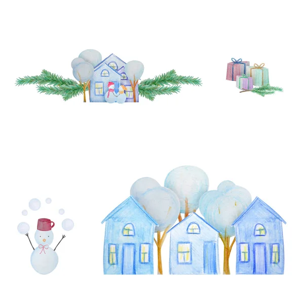 Set de invierno con muñecos de nieve y casas pintadas con lápices de acuarela de colores — Foto de Stock
