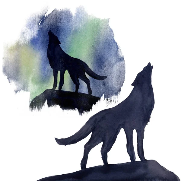 Σιλουέτα λύκος για το ιστορικό της τη Βόρειο σέλας ακουαρέλα. Σετ — Φωτογραφία Αρχείου