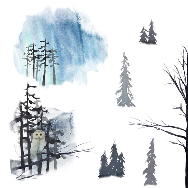 Акварель зимний пейзаж с совой на дереве в лесу — стоковое фото