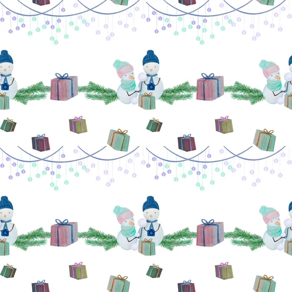 Seamless pattern with snowmen with colored pencils — Stock Photo, Image