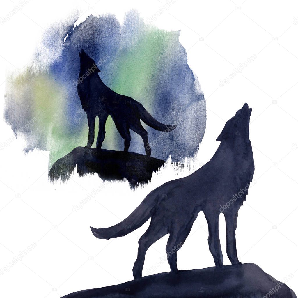 silhouette wolf on the background of the northern lights watercolor. Set