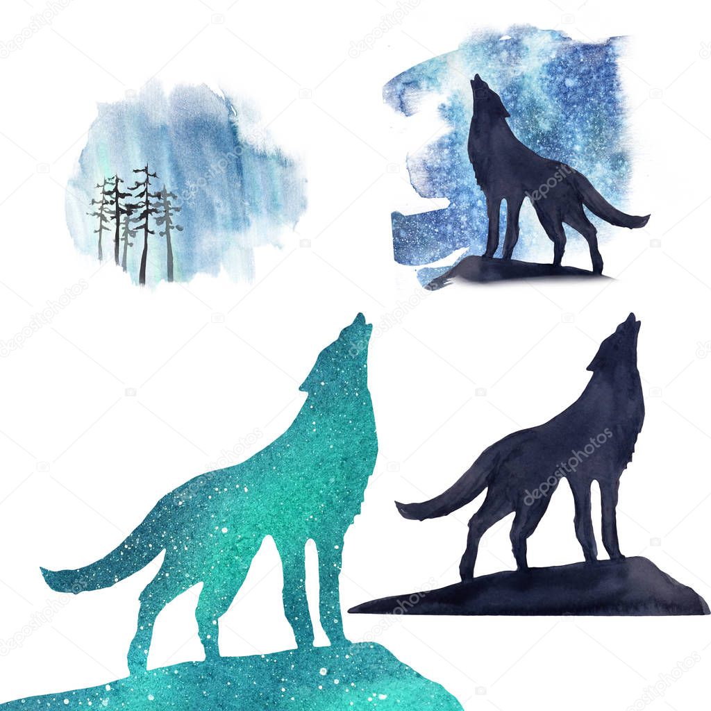 Portrait of a wolf and his silhouettes against the background of the northern lights and trees. Set. Perfect for print, christmas and new year greeting cards
