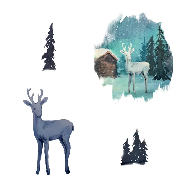 Акварель зимний пейзаж с совой и олень на дереве в лесу — стоковое фото