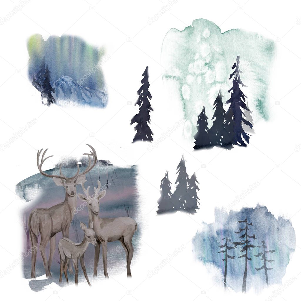 Handpainted watercolor deer in evening forest set. Its perfect for greeting cards, wedding invitation, wedding design. Watercolor l illustration isolated on white background.