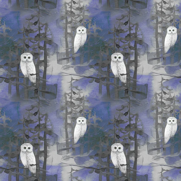 手绘水彩无缝图案与猫头鹰在森林 — 图库照片