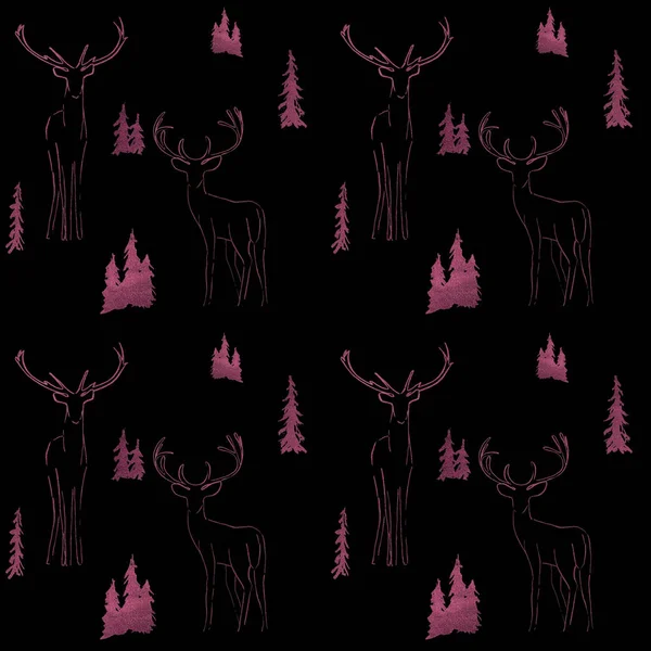 Winternahtloses Muster mit glitzernden Tannen und Hirschen im Wald — Stockfoto
