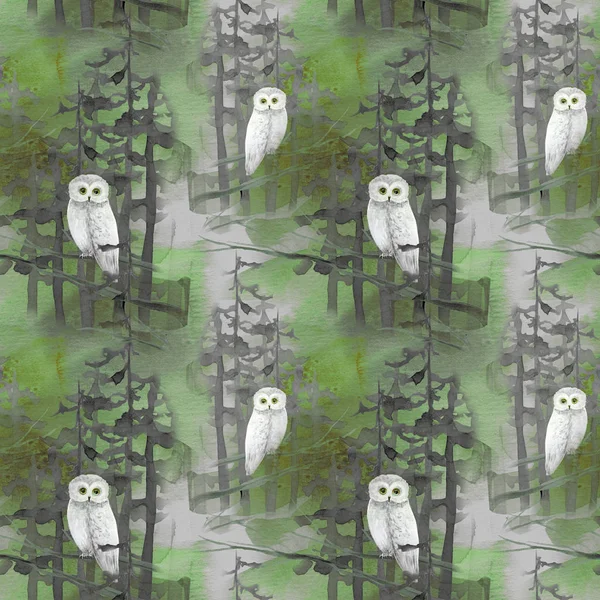 Hand drawn watercolor seamless pattern with owl in forest — Stock Photo, Image