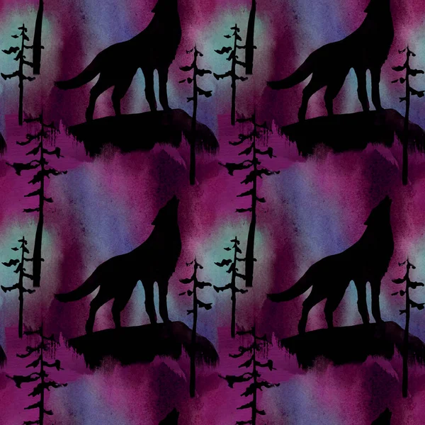 Wolf op de achtergrond van de Noorderlicht-aquarel — Stockfoto