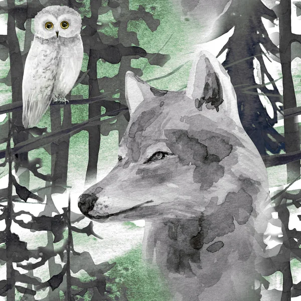 Kézzel rajzolt akvarell varrat nélküli mintát, bagoly és a Farkas-erdő — Stock Fotó