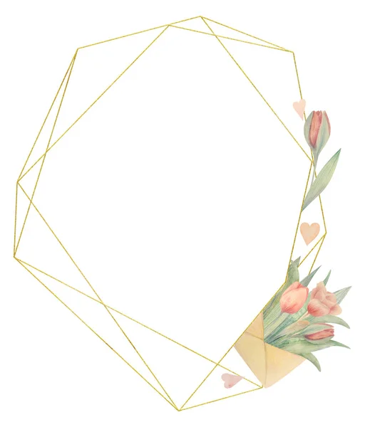 Marco de acuarela con tulipanes. Dibujado a mano. Ideal para logo, invitaciones de boda, tarjetas, carteles — Foto de Stock