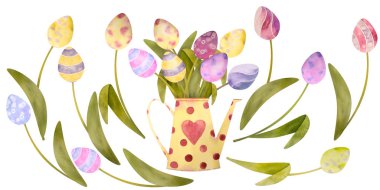 Mutlu Paskalya unsurları ile sulu boya çizilmiş küme. Çiçekler, yumurta, beyaz bir arka plan üzerinde tüm izole.