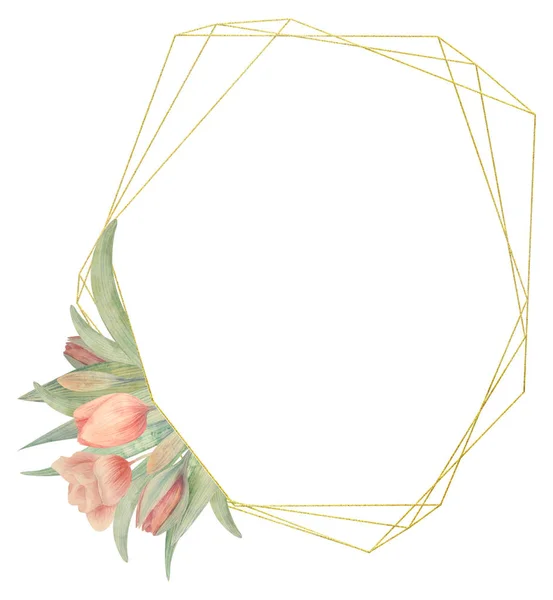 Marco de acuarela con tulipanes. Dibujado a mano. Ideal para logo, invitaciones de boda, tarjetas, carteles — Foto de Stock