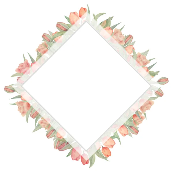 Marco de acuarela con tulipanes. Dibujado a mano. Ideal para logo, invitaciones de boda, tarjetas, carteles — Foto de Stock