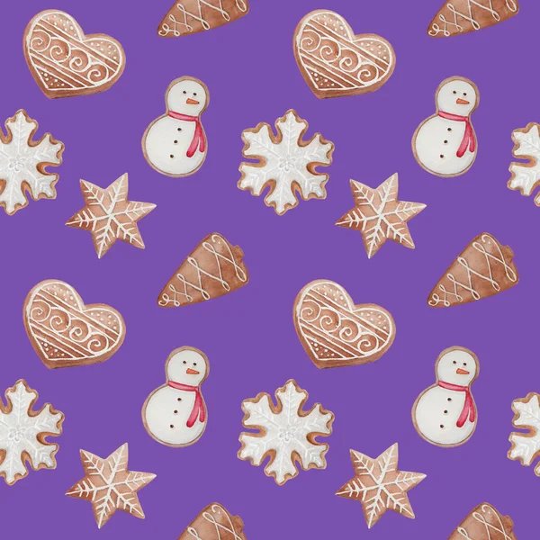 Padrão sem costura com biscoitos de gengibre de Natal aquarela — Fotografia de Stock
