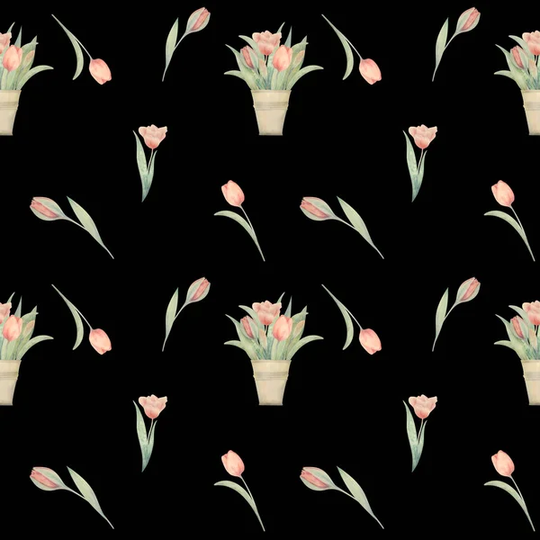 원활한 패턴 그린 수채화입니다. 봄 핑크 튤립 — 스톡 사진
