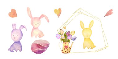 Mutlu Paskalya unsurları ile sulu boya çizilmiş küme. Çerçeve, tavşan, yumurta, beyaz izole. tebrik kartı veya logo için