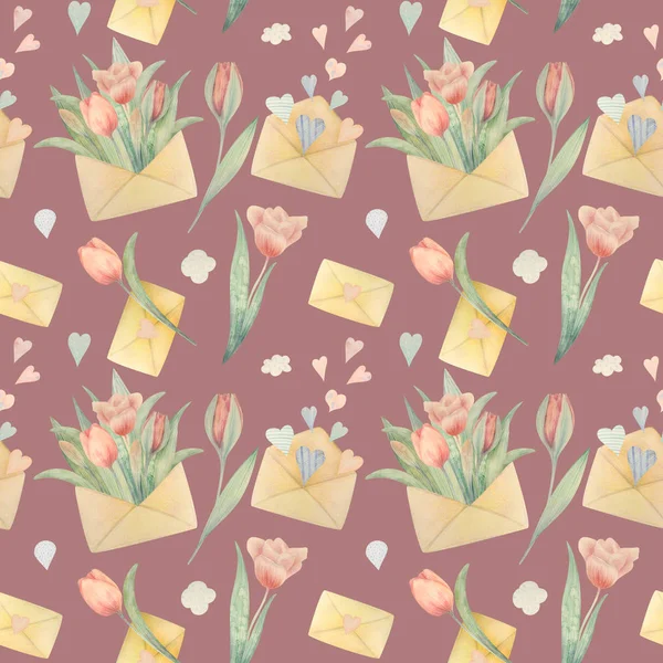 Acquerello disegnato a mano modello senza cuciture. Tulipani rosa primaverili — Foto Stock