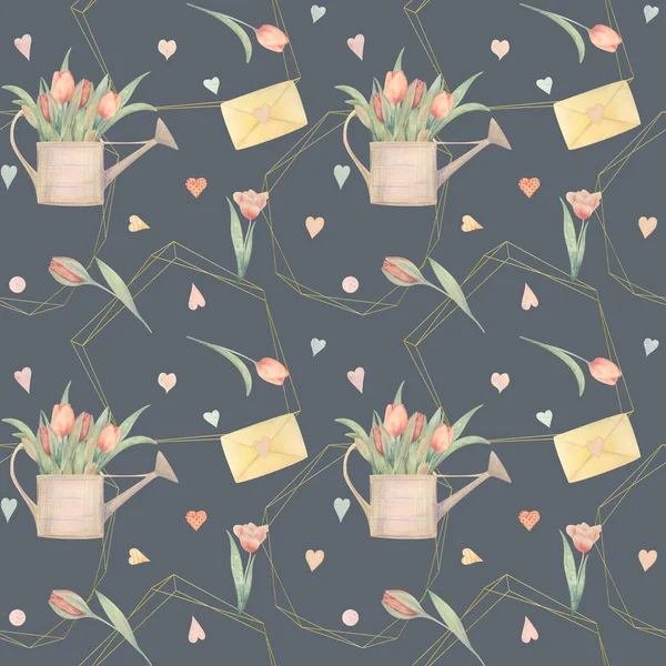 Seamless pattern hand-drawn watercolor. Spring pink tulips — Stock Photo, Image