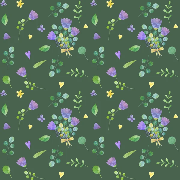 Seamless pattern with cute watercolor illustration of stylized flowers. — Stock Photo, Image