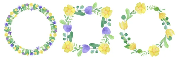 Set von handgezeichneten Aquarellrahmen mit stilisierten Blumen — Stockfoto