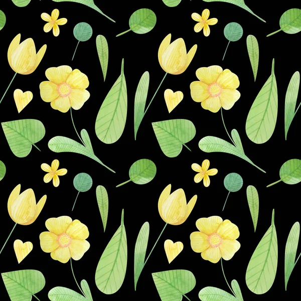 定型化された花のかわいい水彩イラストのシームレス パターン. — ストック写真