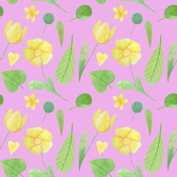 양식에 일치 시키는 꽃의 귀여운 수채화 일러스트와 함께 완벽 한 패턴. — 스톡 사진