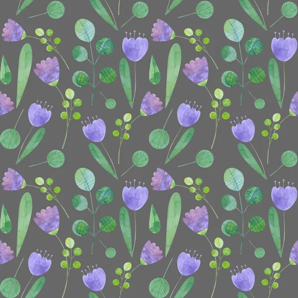 Seamless pattern with cute watercolor illustration of stylized flowers. — Stock Photo, Image