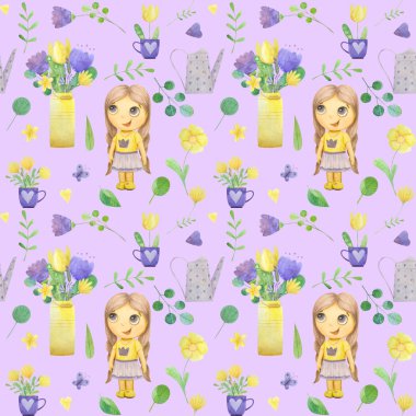 kız ve stilize çiçek sevimli suluboya illüstrasyon ile dikişsiz desen.