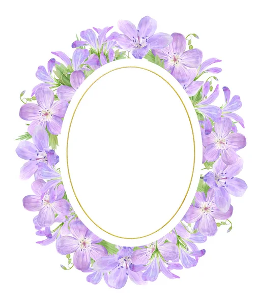 Marco oval de flores de geranio acuarela lila aisladas sobre fondo blanco. Perfecto para el logotipo, diseño, diseño de cosméticos, paquete, textil — Foto de Stock