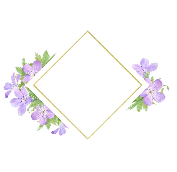 Cadre en forme de diamant de fleurs de géranium aquarelle lilas isolé sur fond blanc. Parfait pour logo, design, design cosmétique, emballage, textile — Photo