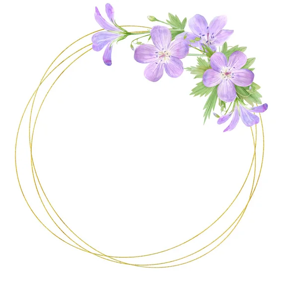 Runder Rahmen aus lila Aquarell-Geranienblüten isoliert auf weißem Hintergrund. perfekt für Logo, Design, Kosmetikdesign, Verpackung, Textil — Stockfoto