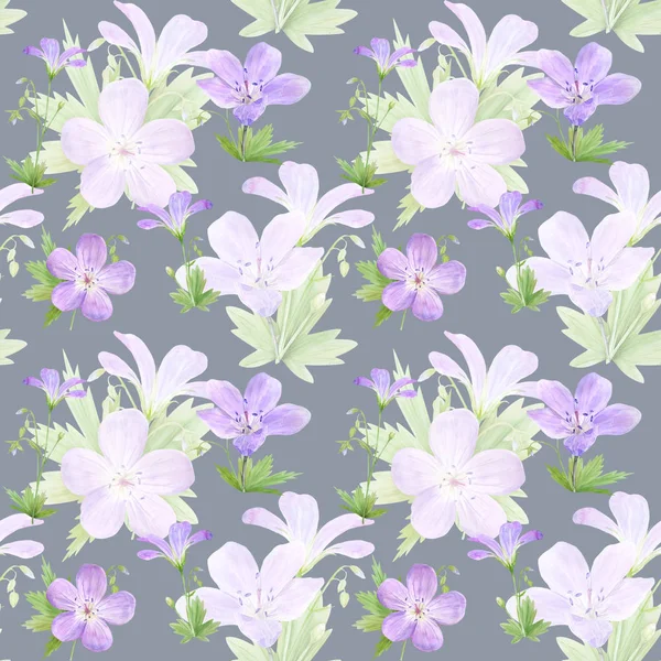 Seamless pattern of watercolor geranium flowers. Perfect for web design, cosmetics design, package, textile, wedding invitation, logo — Stock Photo, Image