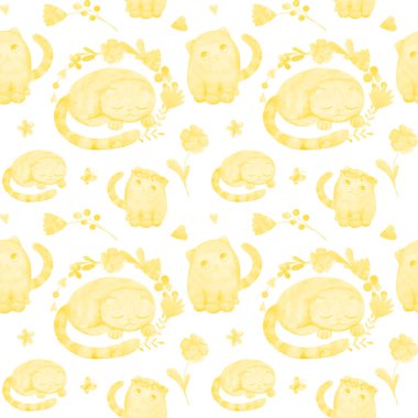 Kediler ve stilize çiçekler sevimli suluboya Illustration ile Dikişsiz desen.