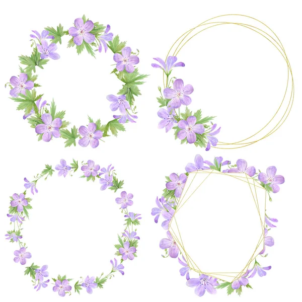 Conjunto de marcos de flores de geranio acuarela lila aisladas sobre fondo blanco. Perfecto para diseño web, diseño de cosméticos, paquete, textil, invitación de boda, logotipo — Foto de Stock