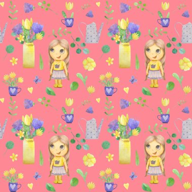 kız ve stilize çiçek sevimli suluboya illüstrasyon ile dikişsiz desen.