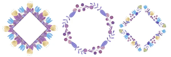 Set von handgezeichneten Aquarellrahmen mit stilisierten Blumen — Stockfoto