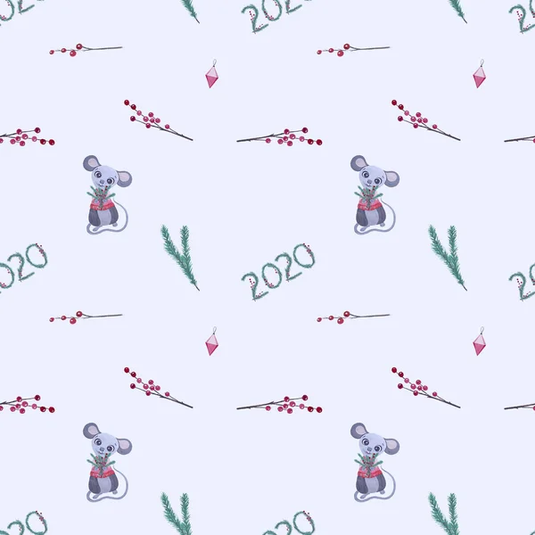 Lindo patrón sin costuras de rata gouache sobre fondo blanco. Símbolo del ratón 2020 año nuevo —  Fotos de Stock
