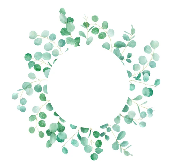 Marco floral verde acuarela con eucalipto. Patrón pintado a mano con ramas de eucalipto. Perfecto para el diseño de boda — Foto de Stock