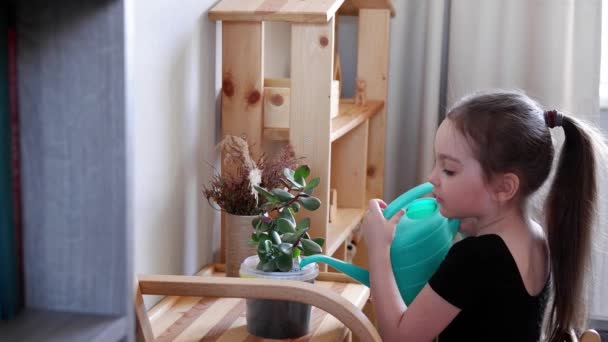 Μικρό κορίτσι κρατώντας πότισμα μπορεί να το νερό σπίτι φυτό στην κατσαρόλα. Η μικρή κόρη βοηθάει τη μαμά. Νεαρή κοπέλα νοιάζεται για τα λουλούδια — Αρχείο Βίντεο