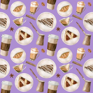 Kahve fincanı, kahve çekirdeği, kahve öğütücü, kapuçino, latte ve tatlı resimleriyle sulu boya desenleri.