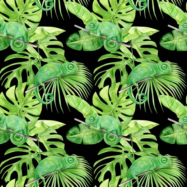 Ilustración de acuarela patrón sin costura de hojas tropicales y camaleón. Perfecto como textura de fondo, papel de embalaje, textil o diseño de papel pintado. Dibujado a mano —  Fotos de Stock