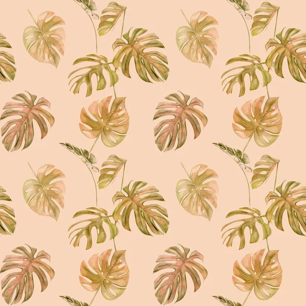 Ilustración de acuarela patrón sin costura de la monstera de hojas tropicales. Perfecto como textura de fondo, papel de embalaje, textil o diseño de papel pintado. Dibujado a mano —  Fotos de Stock