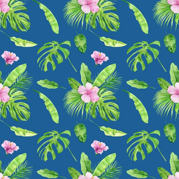 Ilustração aquarela padrão sem costura de folhas tropicais e hibisco flor. Perfeito como textura de fundo, papel de embrulho, têxtil ou design de papel de parede. Desenhado à mão — Fotografia de Stock