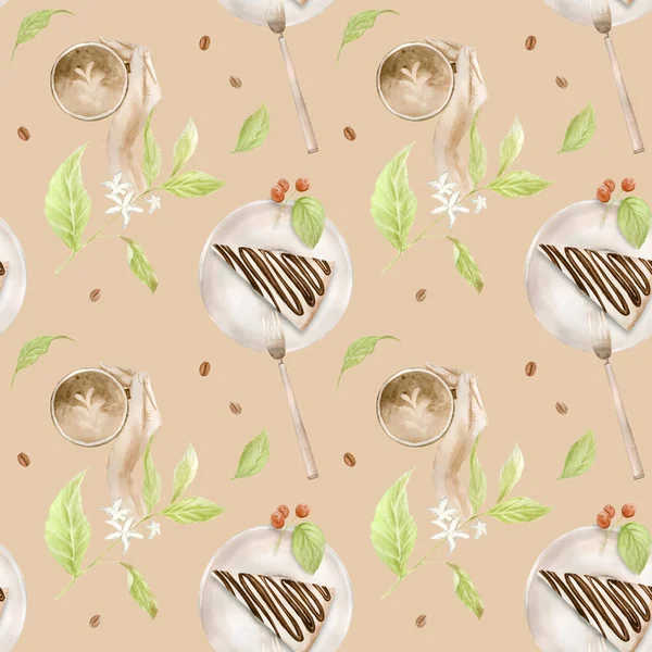 Watercolor seamless pattern with illustrations of coffee cup, coffee beans, coffee grinder, cappuccino, latte and desserts