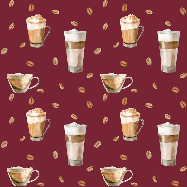Watercolor seamless pattern with illustrations of coffee cup, coffee beans, coffee grinder, cappuccino, latte