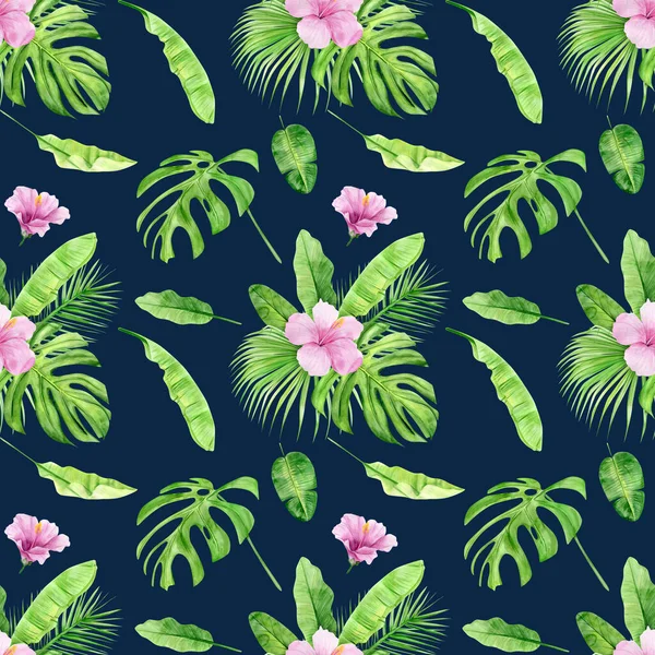 Ilustración de acuarela patrón sin costura de hojas tropicales y hibisco de flores. Perfecto como textura de fondo, papel de embalaje, textil o diseño de papel pintado. Dibujado a mano — Foto de Stock