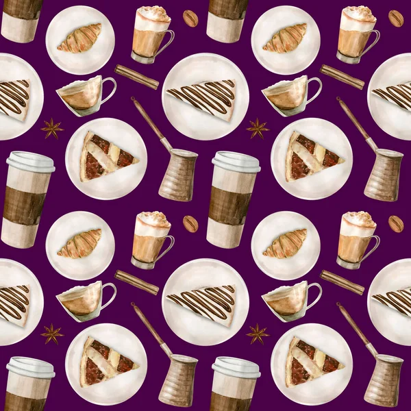Watercolor seamless pattern with illustrations of coffee cup, coffee beans, coffee grinder, cappuccino, latte and desserts